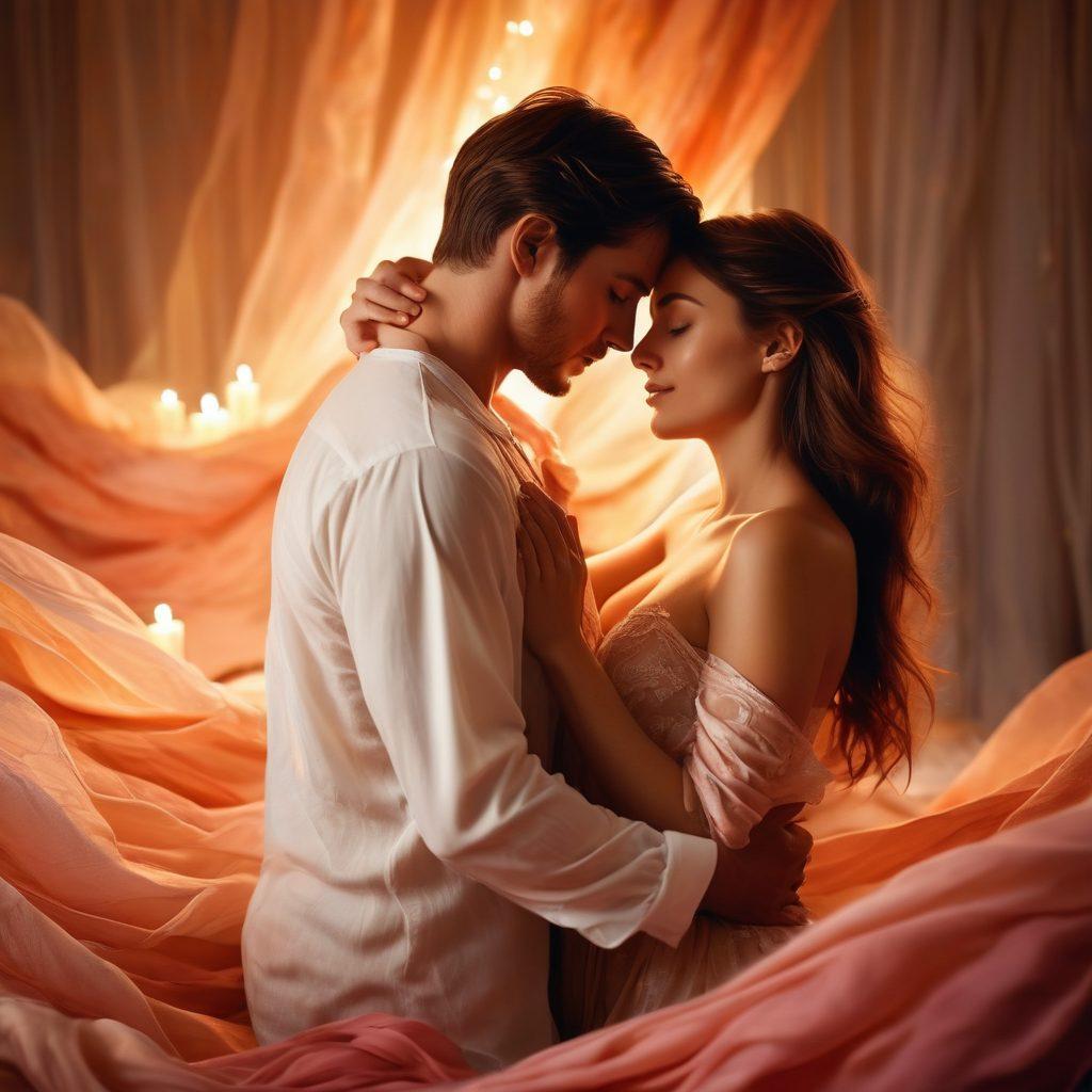 A sensual and intimate scene depicting a couple intertwined in a passionate embrace, surrounded by flowing fabrics and soft candlelight. Emphasize their expressions of joy and connection, with abstract elements symbolizing euphoria, such as swirling colors and gentle light beams. Include floral motifs for a touch of romance and a serene ambiance. super-realistic. warm tones. soft focus.