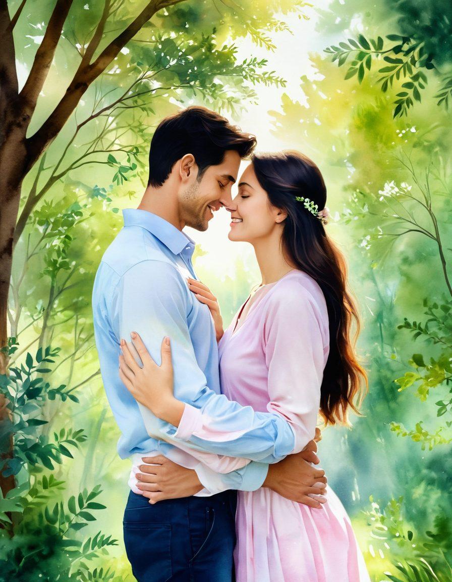 A serene scene depicting a couple in a warm embrace, surrounded by lush nature and soft sunlight filtering through the trees. The couple should radiate happiness, with gentle smiles and twinkling eyes, symbolizing deep connection. Add elements of joy like hearts or flowers swirling around them, emphasizing the concept of joyful intimacy. Soft pastel colors for a soothing effect. watercolor painting. soft focus.